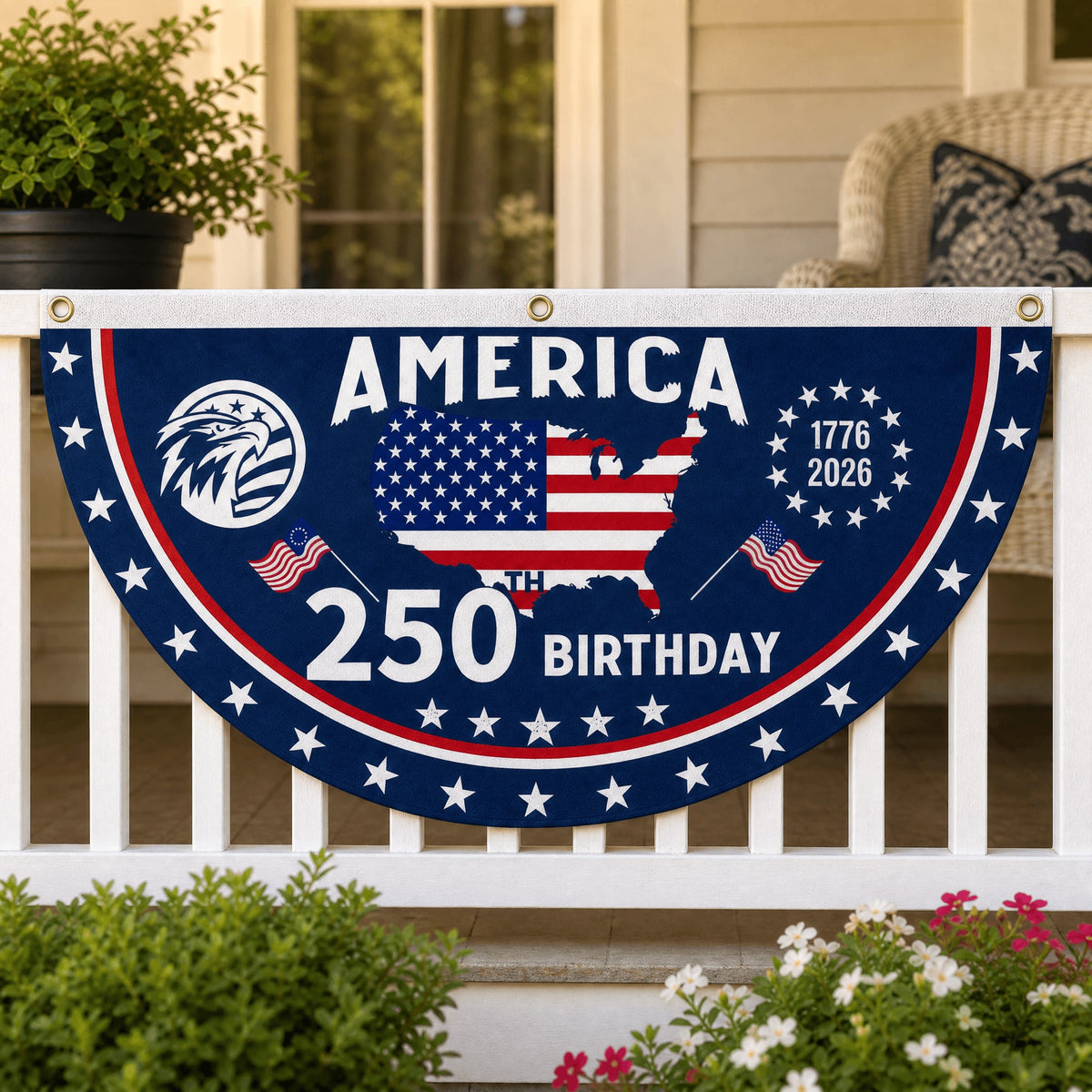 Patriotic America Anniversary Half Fan Flag for Porch Railing