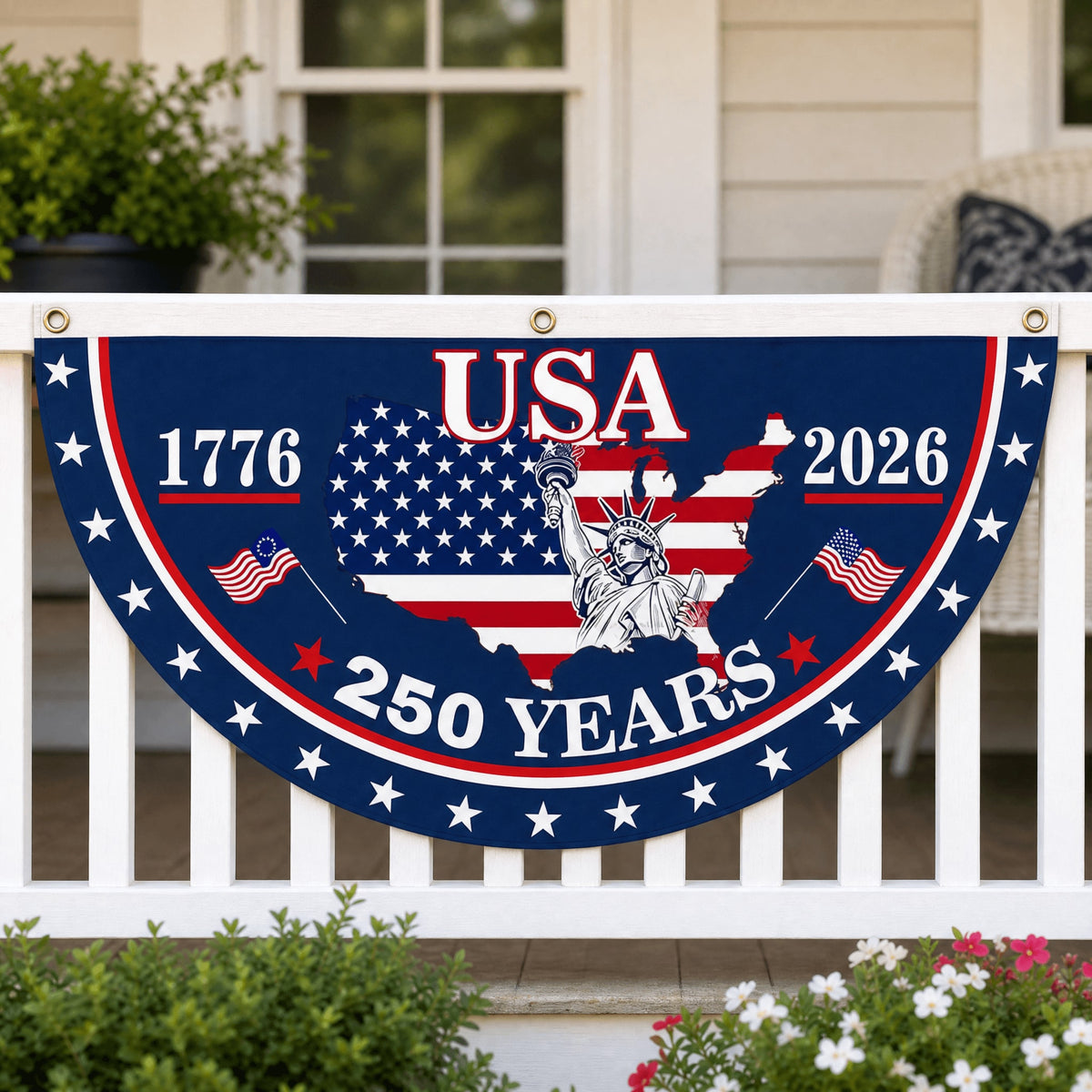 Patriotic America Anniversary Half Fan Flag for Porch Railing