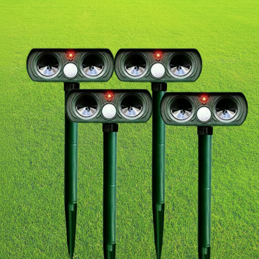 Solar Powered Ultrasonic Pest Repeller Outdoor Animal Deterrent with Motion Sensor and Flashing Light Garden Stake