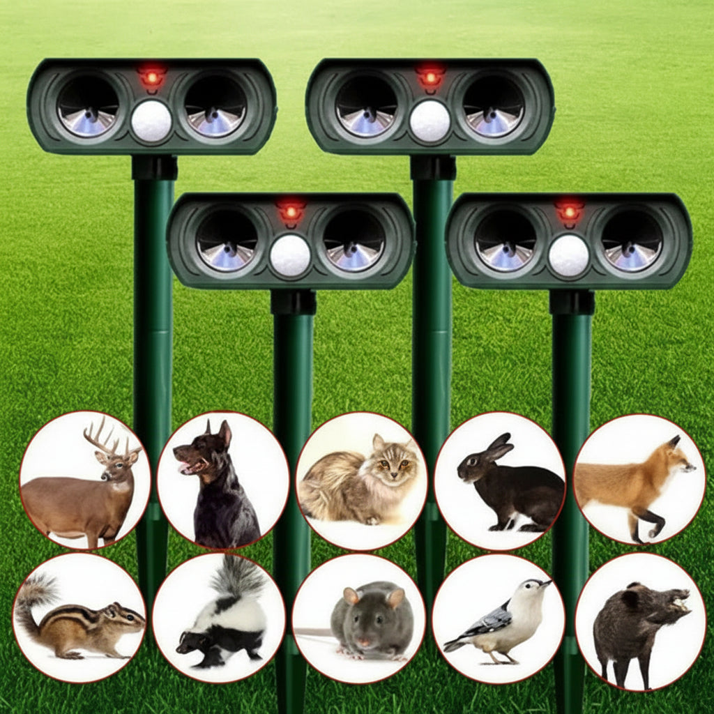 Solar Powered Ultrasonic Pest Repeller Outdoor Animal Deterrent with Motion Sensor and Flashing Light Garden Stake