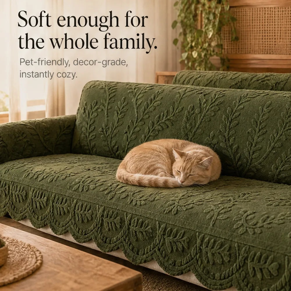 Plush Non-Slip Sofa Cover with Embossed Leaf Texture and Silicone Grip Backing