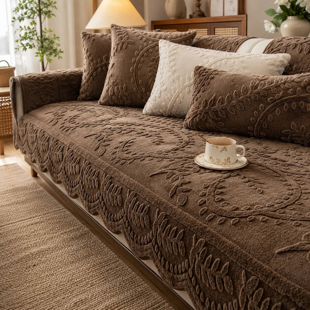 Plush Non-Slip Sofa Cover with Embossed Leaf Texture and Silicone Grip Backing