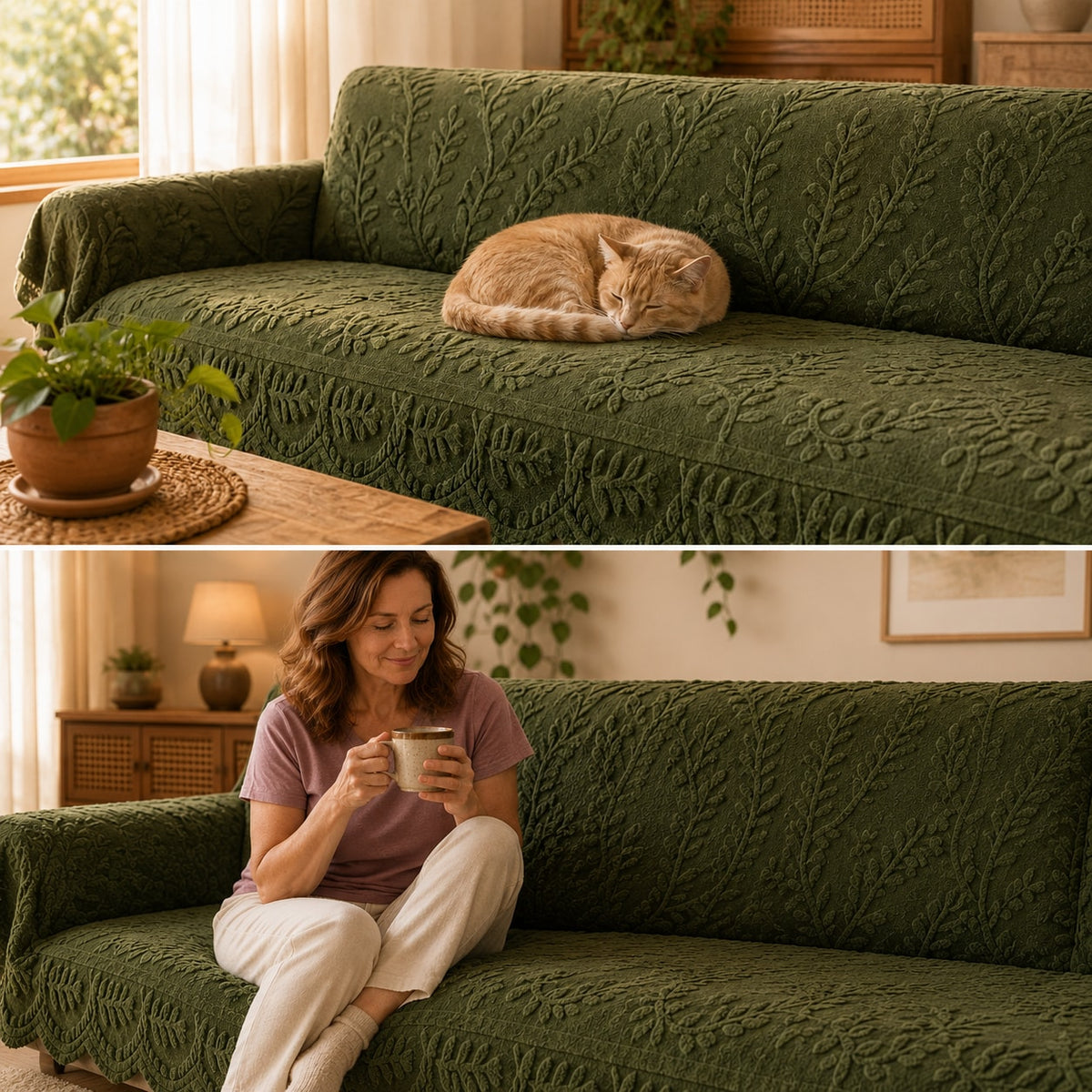 Plush Non-Slip Sofa Cover with Embossed Leaf Texture and Silicone Grip Backing