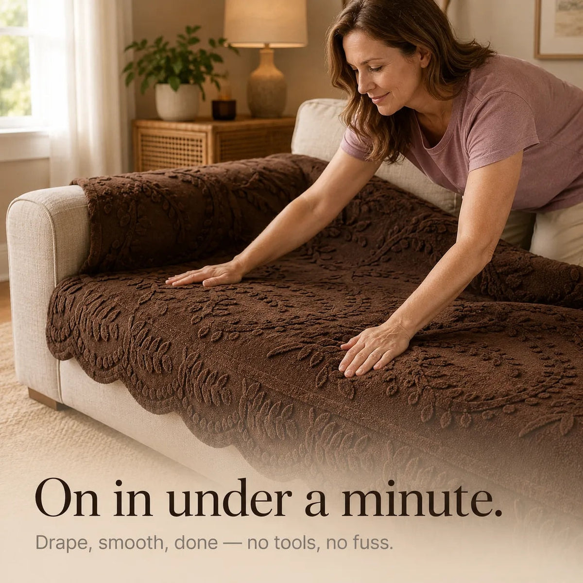 Plush Non-Slip Sofa Cover with Embossed Leaf Texture and Silicone Grip Backing