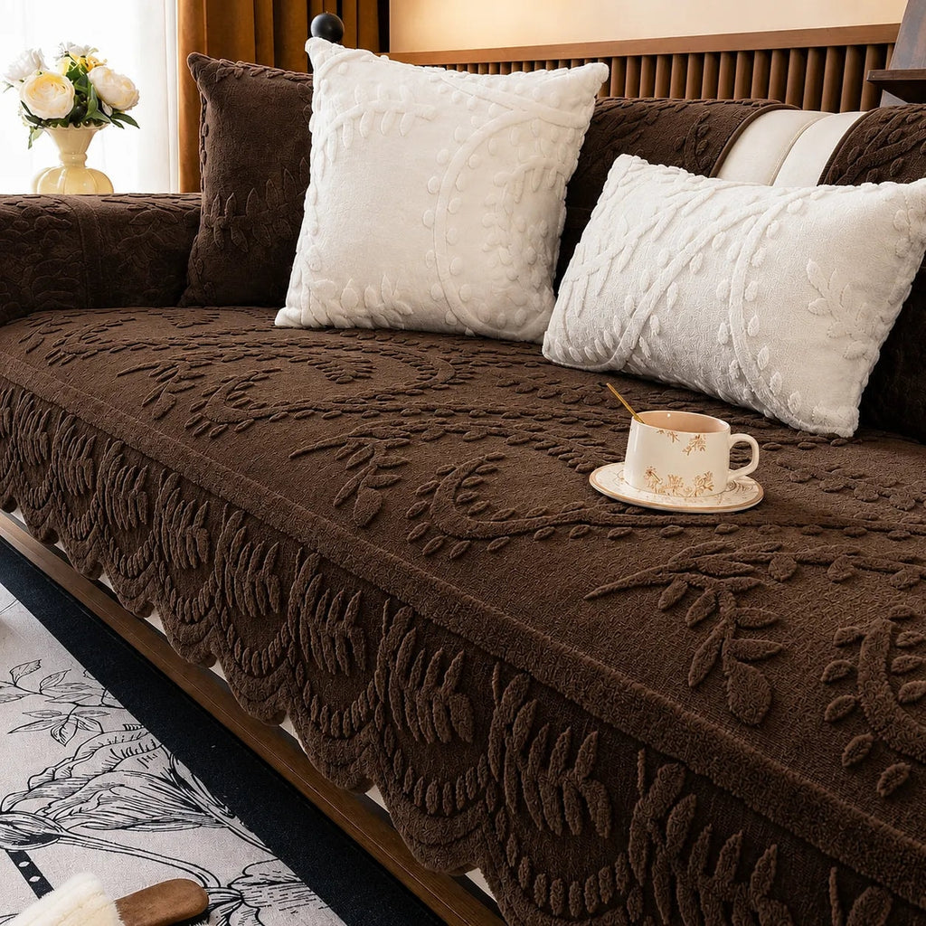 Plush Non-Slip Sofa Cover with Embossed Leaf Texture and Silicone Grip Backing