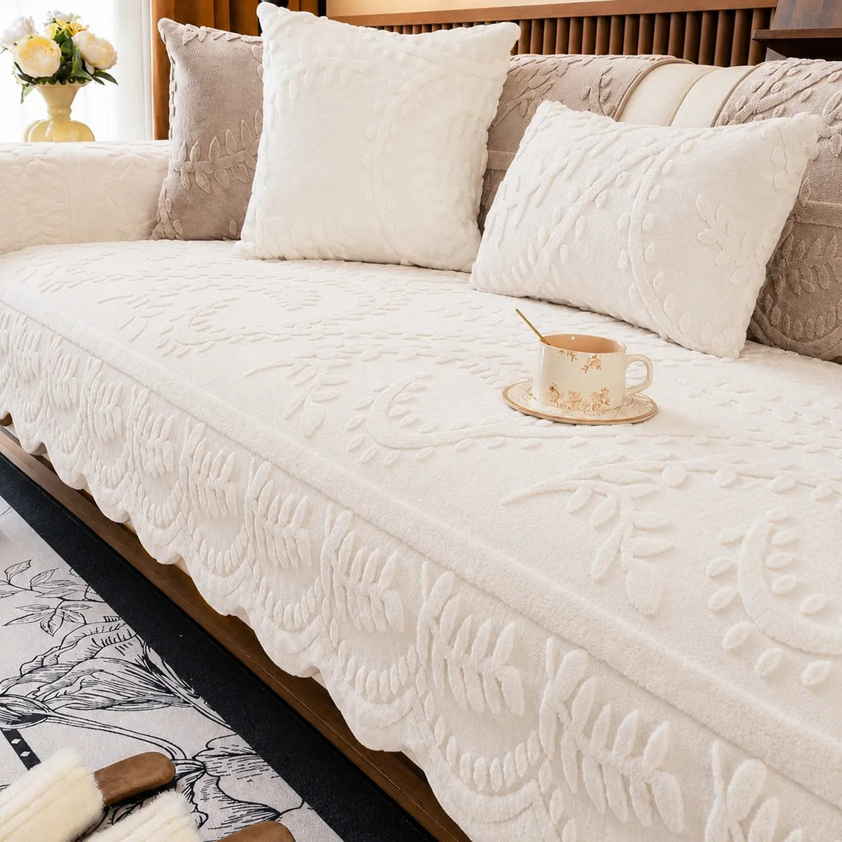 Plush Non-Slip Sofa Cover with Embossed Leaf Texture and Silicone Grip Backing