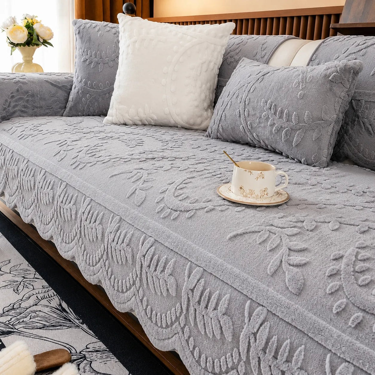 Plush Non-Slip Sofa Cover with Embossed Leaf Texture and Silicone Grip Backing