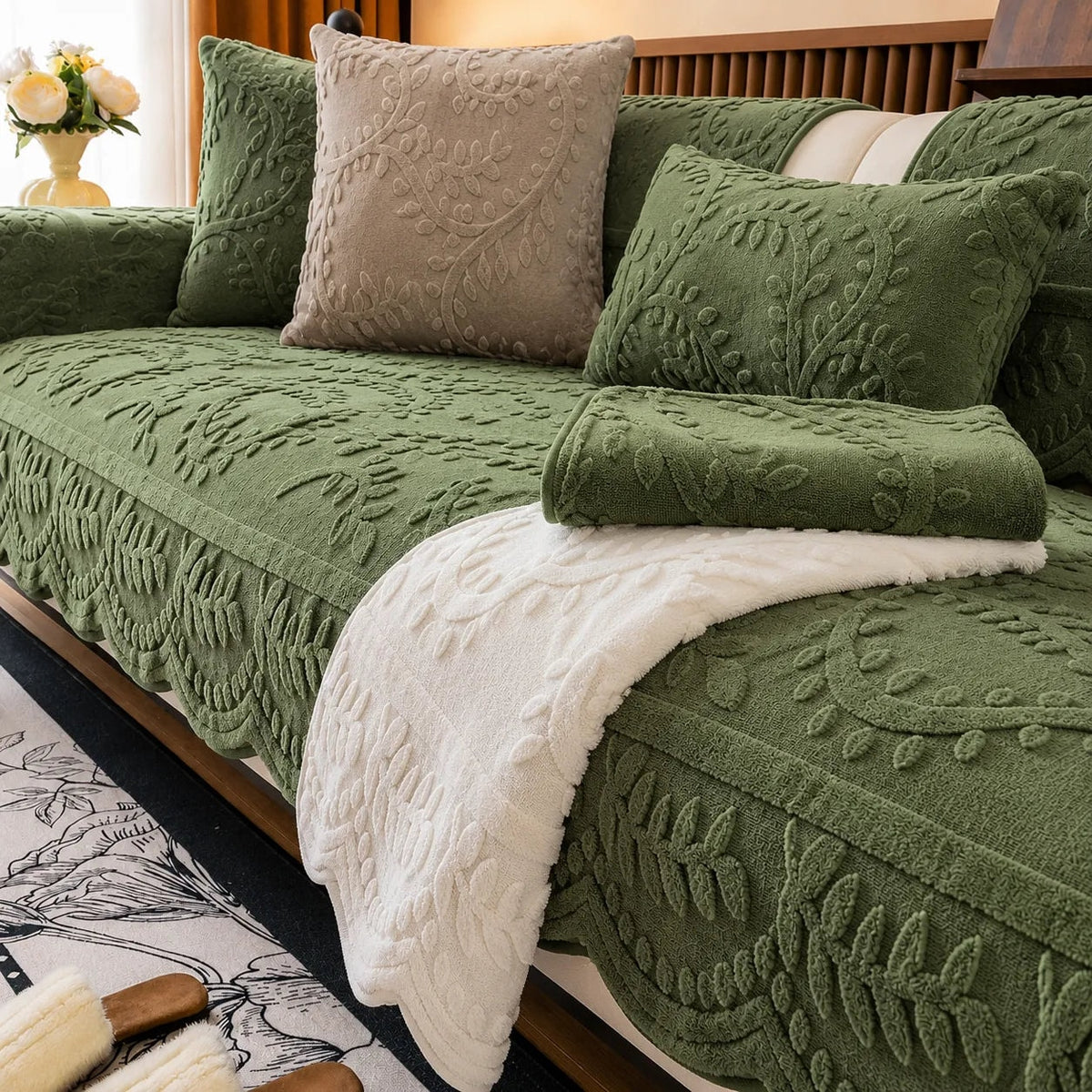 Plush Non-Slip Sofa Cover with Embossed Leaf Texture and Silicone Grip Backing