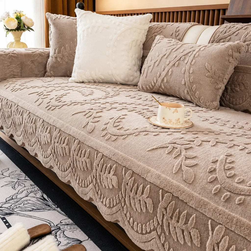 Plush Non-Slip Sofa Cover with Embossed Leaf Texture and Silicone Grip Backing
