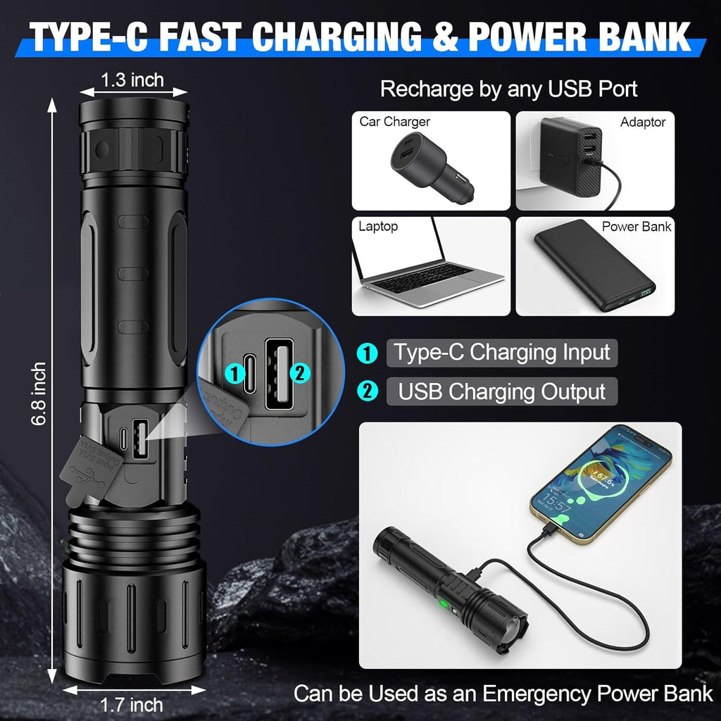 Rechargeable Tactical LED Flashlight with Zoom and Power Bank Function