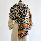 Reversible Leopard Print Wool Blend Scarf for Women Oversized Winter Wrap