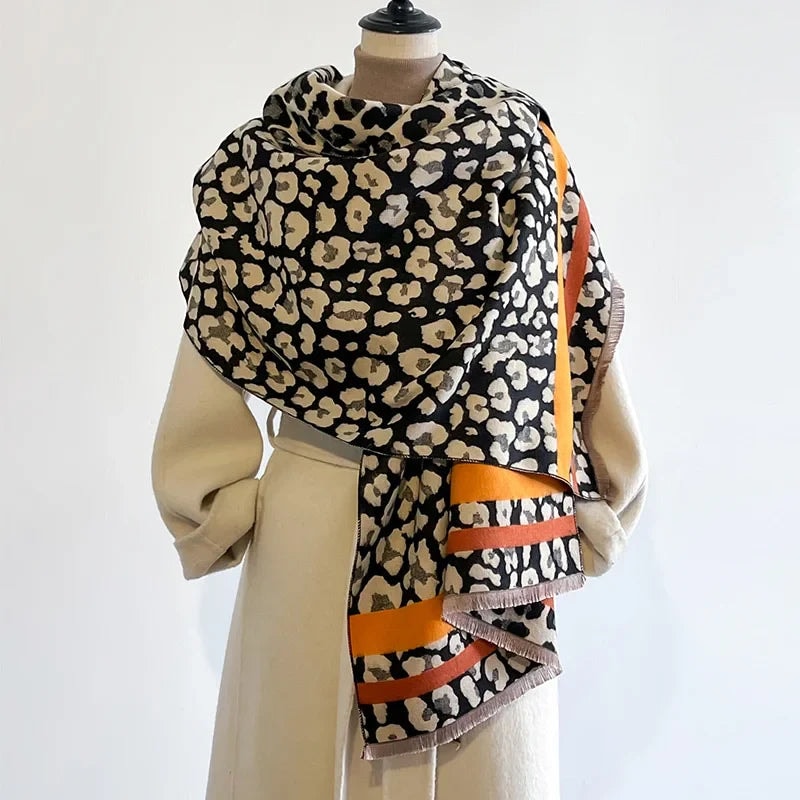 Reversible Leopard Print Wool Blend Scarf for Women Oversized Winter Wrap