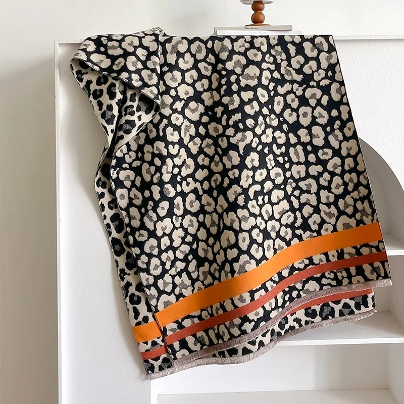 Reversible Leopard Print Wool Blend Scarf for Women Oversized Winter Wrap