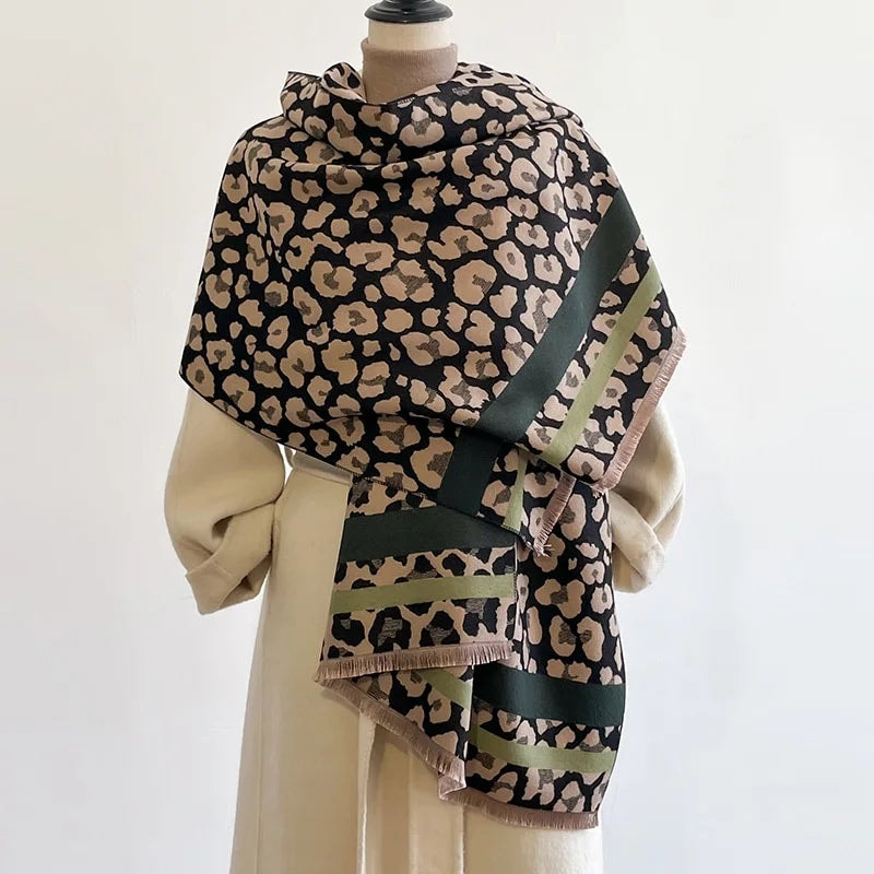 Reversible Leopard Print Wool Blend Scarf for Women Oversized Winter Wrap