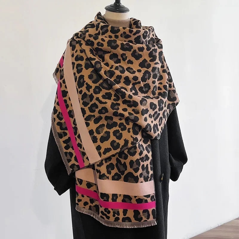 Reversible Leopard Print Wool Blend Scarf for Women Oversized Winter Wrap