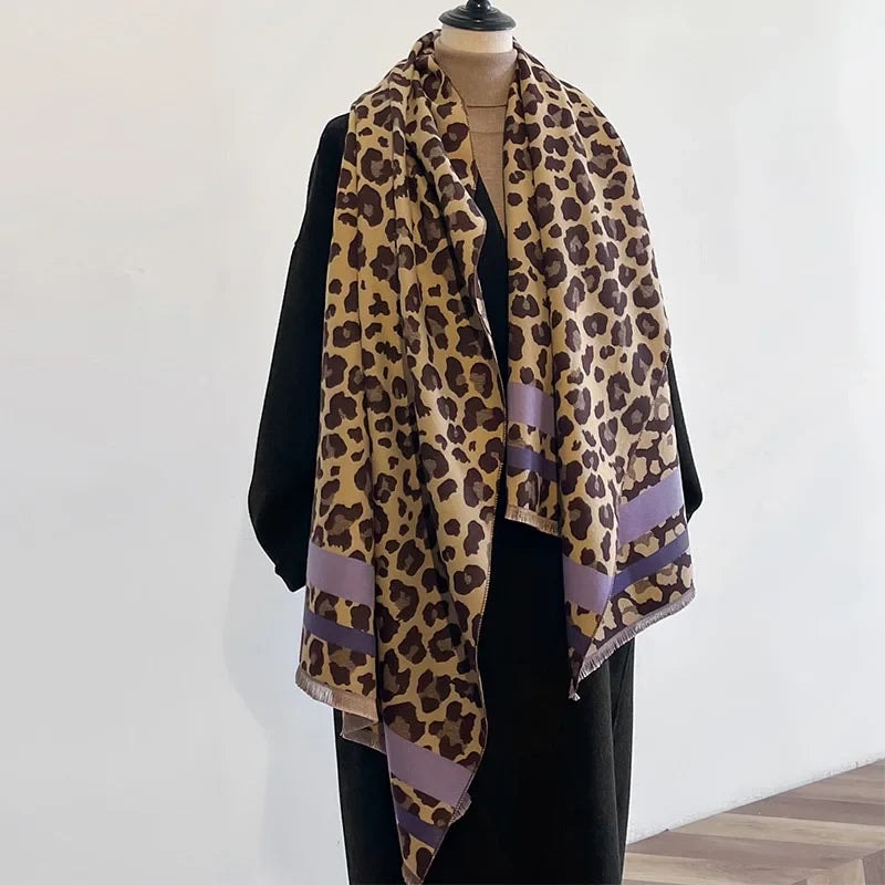 Reversible Leopard Print Wool Blend Scarf for Women Oversized Winter Wrap