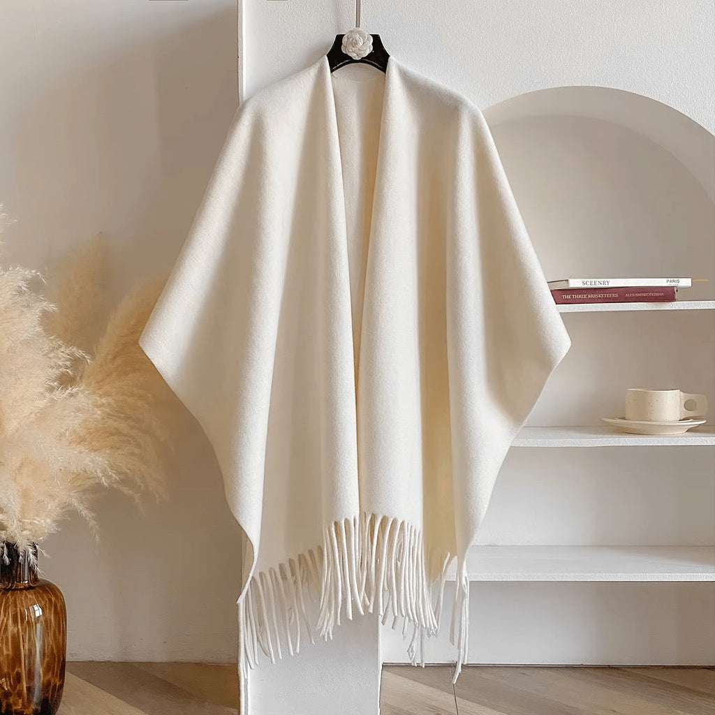 Reversible Open Front Poncho Wrap for Women with Fringe Trim