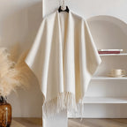 Reversible Open Front Poncho Wrap for Women with Fringe Trim