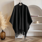Reversible Open Front Poncho Wrap for Women with Fringe Trim