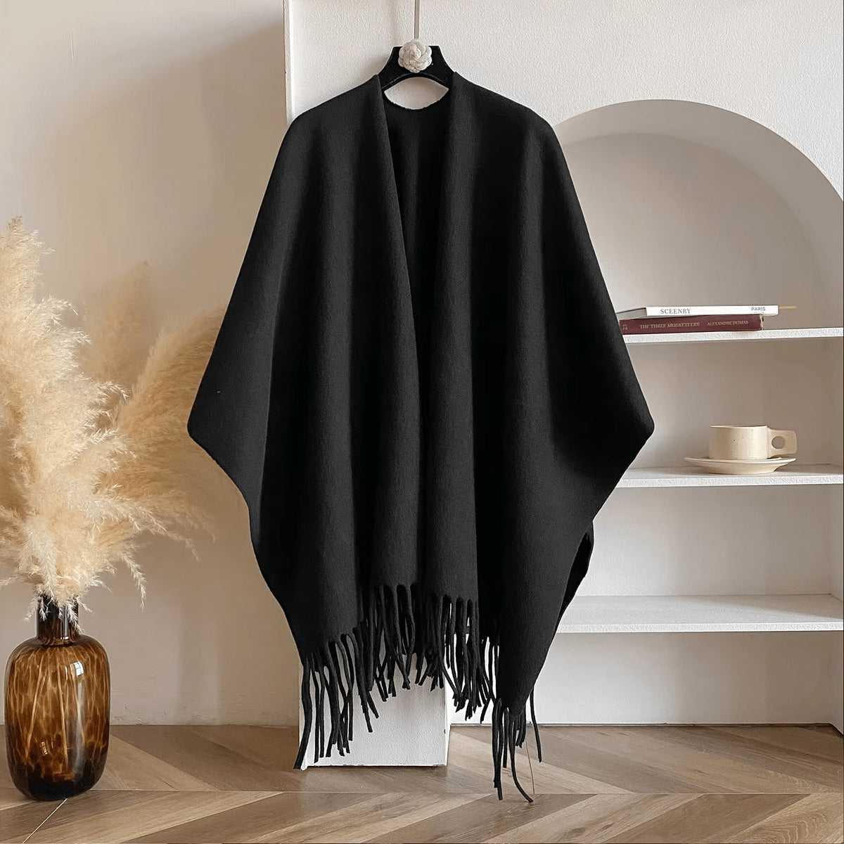 Reversible Open Front Poncho Wrap for Women with Fringe Trim