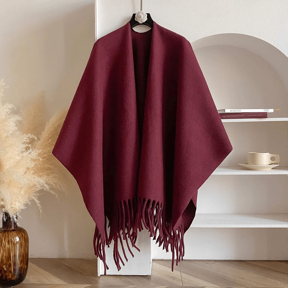Reversible Open Front Poncho Wrap for Women with Fringe Trim