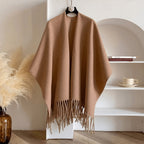 Reversible Open Front Poncho Wrap for Women with Fringe Trim