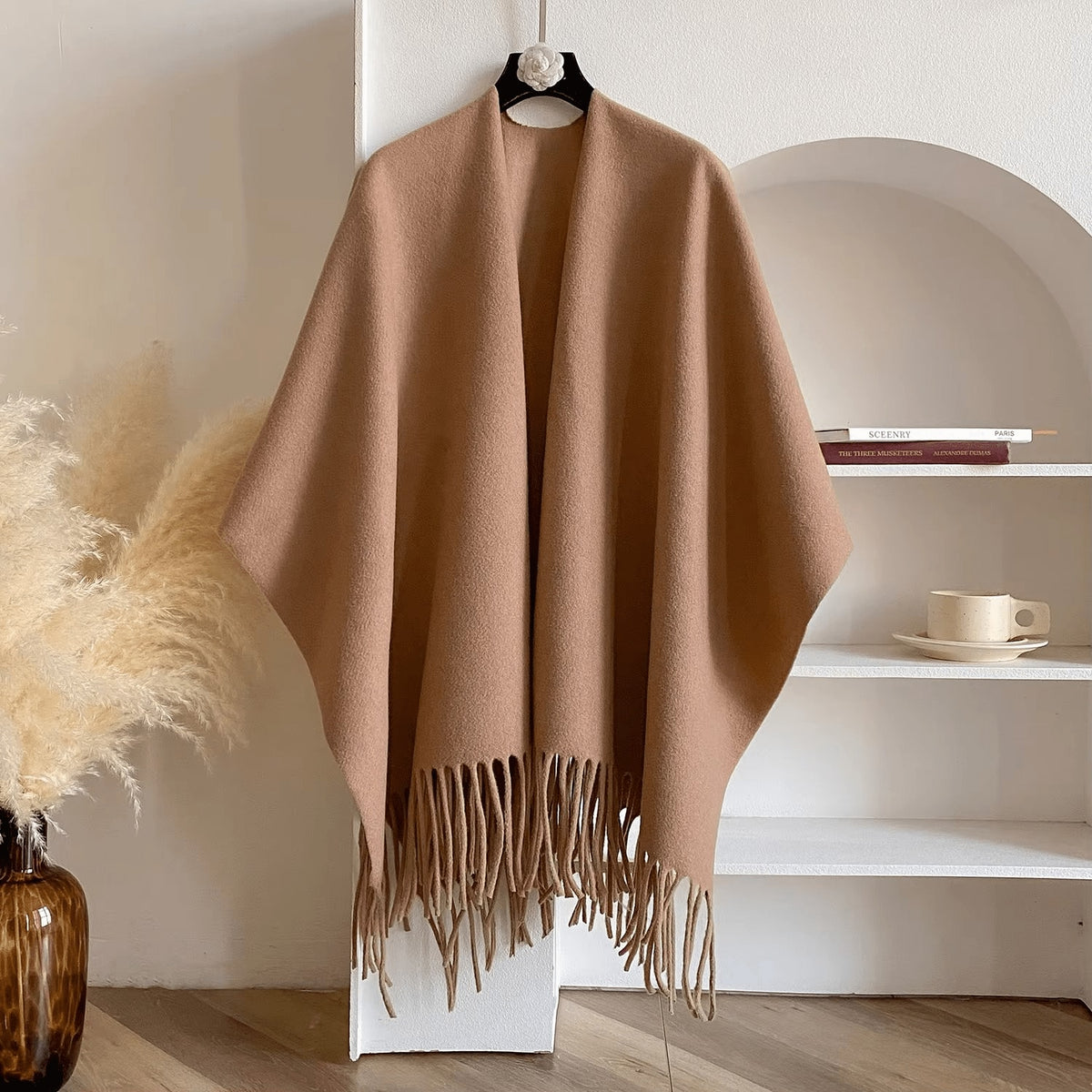 Reversible Open Front Poncho Wrap for Women with Fringe Trim