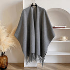 Reversible Open Front Poncho Wrap for Women with Fringe Trim