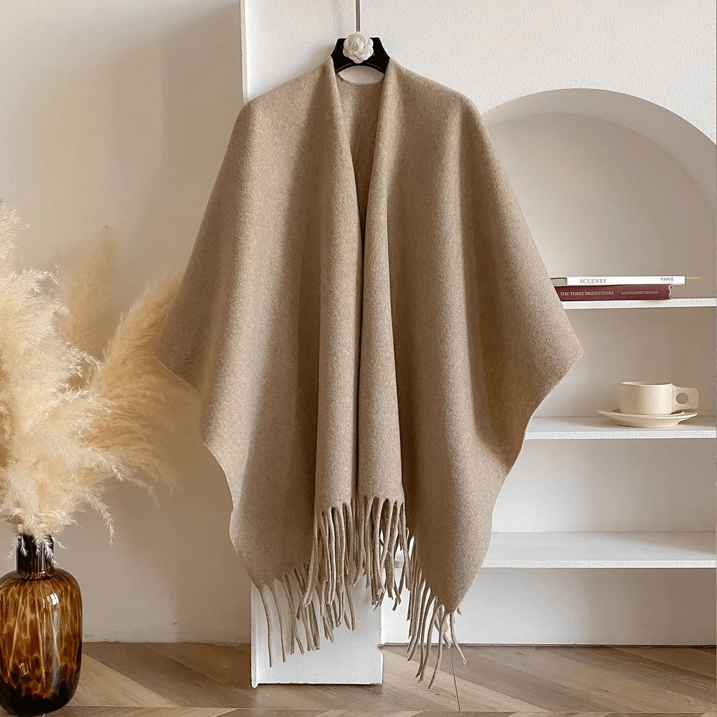 Reversible Open Front Poncho Wrap for Women with Fringe Trim