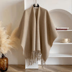 Reversible Open Front Poncho Wrap for Women with Fringe Trim