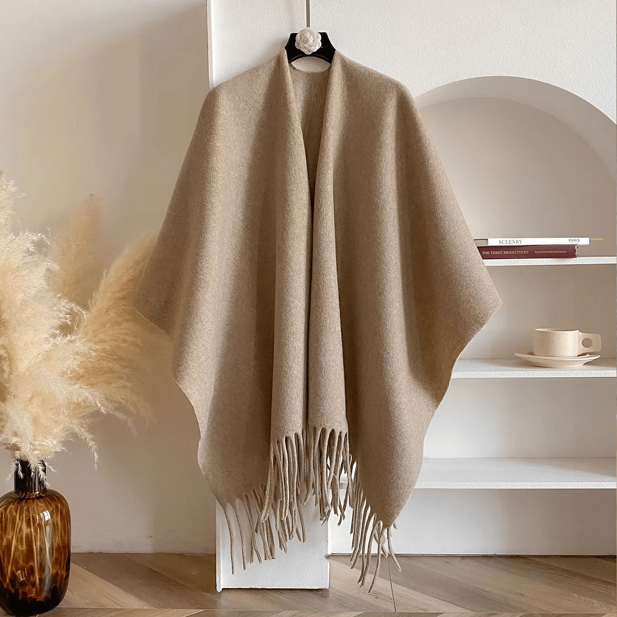 Reversible Open Front Poncho Wrap for Women with Fringe Trim