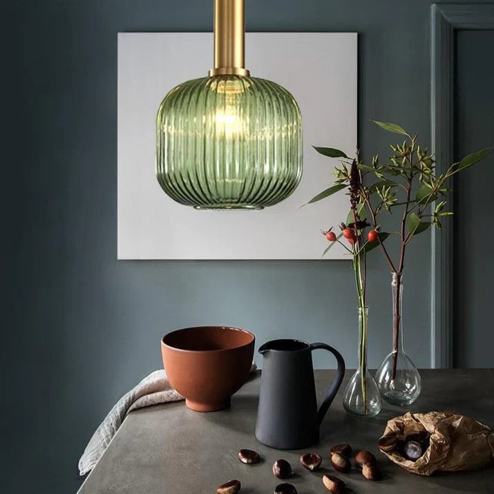 Ribbed Glass Pendant Light with Metal Tube Fitting for Kitchen Island