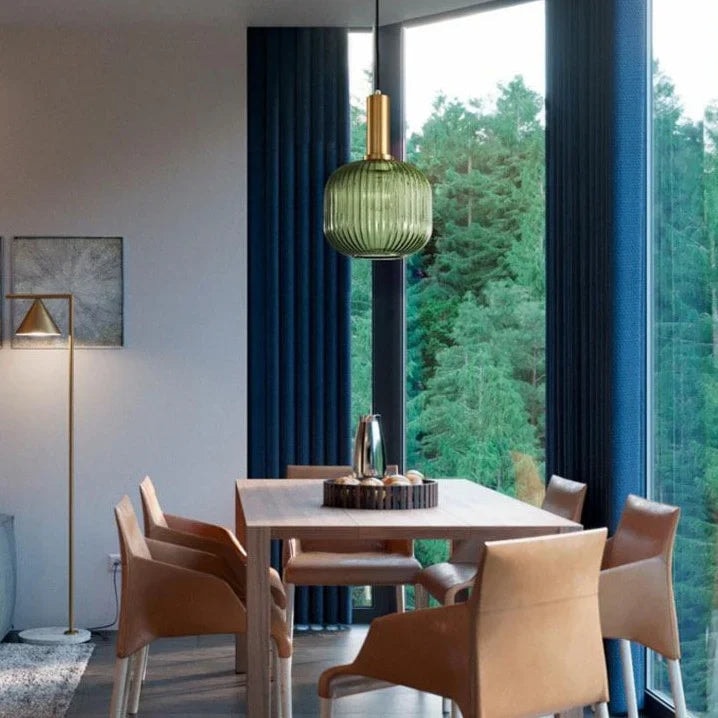 Ribbed Glass Pendant Light with Metal Tube Fitting for Kitchen Island