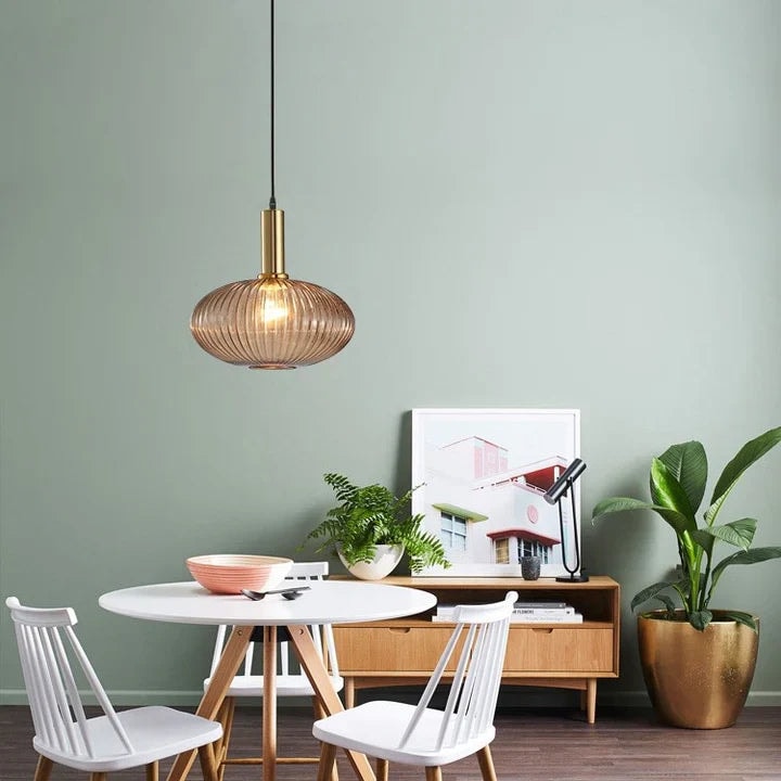 Ribbed Glass Pendant Light with Metal Tube Fitting for Kitchen Island