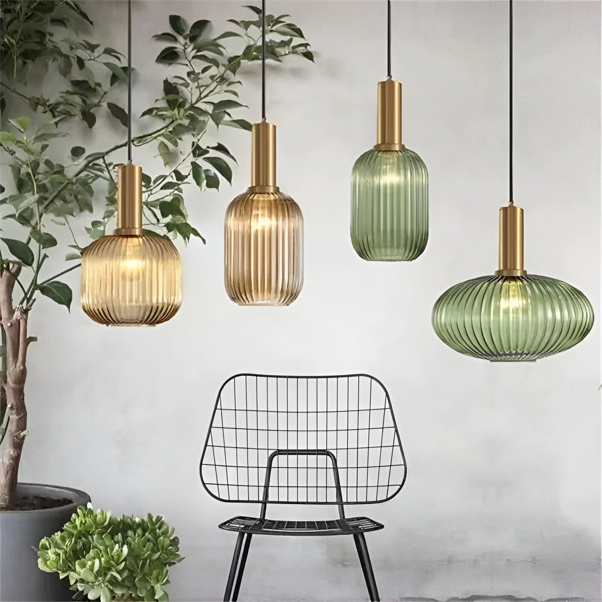 Ribbed Glass Pendant Light with Metal Tube Fitting for Kitchen Island