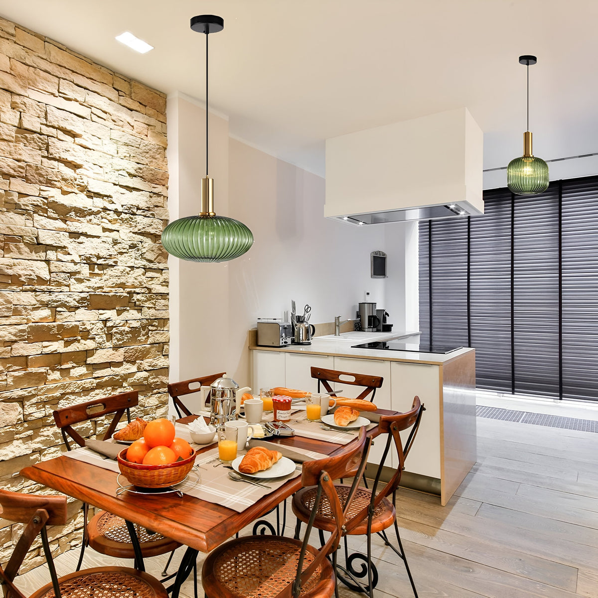 Ribbed Glass Pendant Light with Metal Tube Fitting for Kitchen Island
