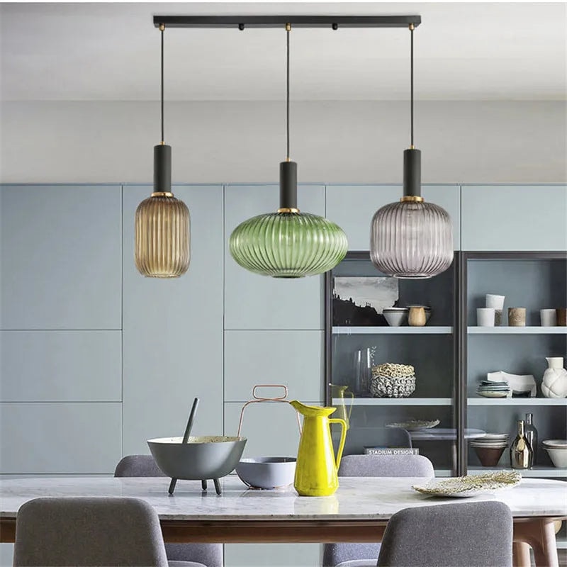 Ribbed Glass Pendant Light with Metal Tube Fitting for Kitchen Island