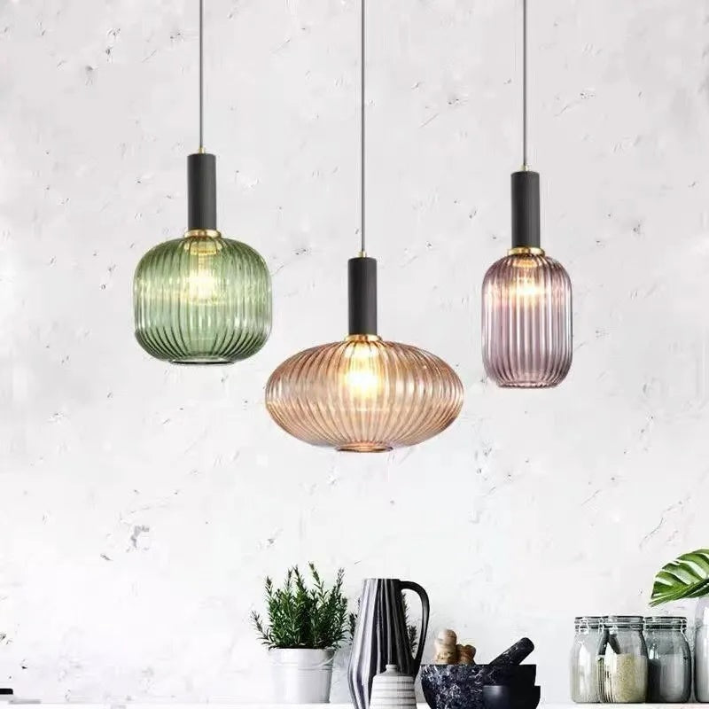 Ribbed Glass Pendant Light with Metal Tube Fitting for Kitchen Island