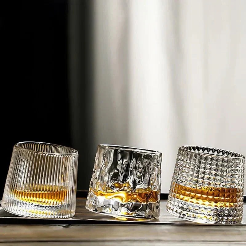 Rotating Whiskey Glass with Textured Crystal Pattern for Swirling