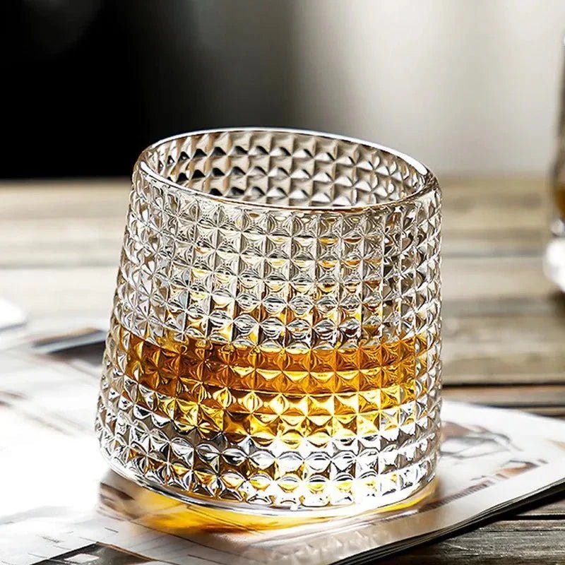 Rotating Whiskey Glass with Textured Crystal Pattern for Swirling