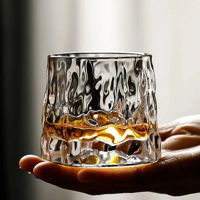 Rotating Whiskey Glass with Textured Crystal Pattern for Swirling