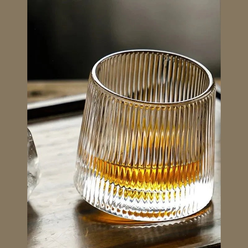 Rotating Whiskey Glass with Textured Crystal Pattern for Swirling