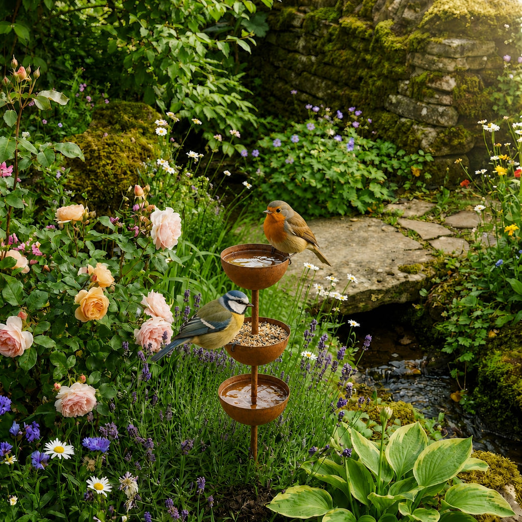 Rustic Copper Finish Tiered Bird Bath Garden Stake for Outdoor Yard