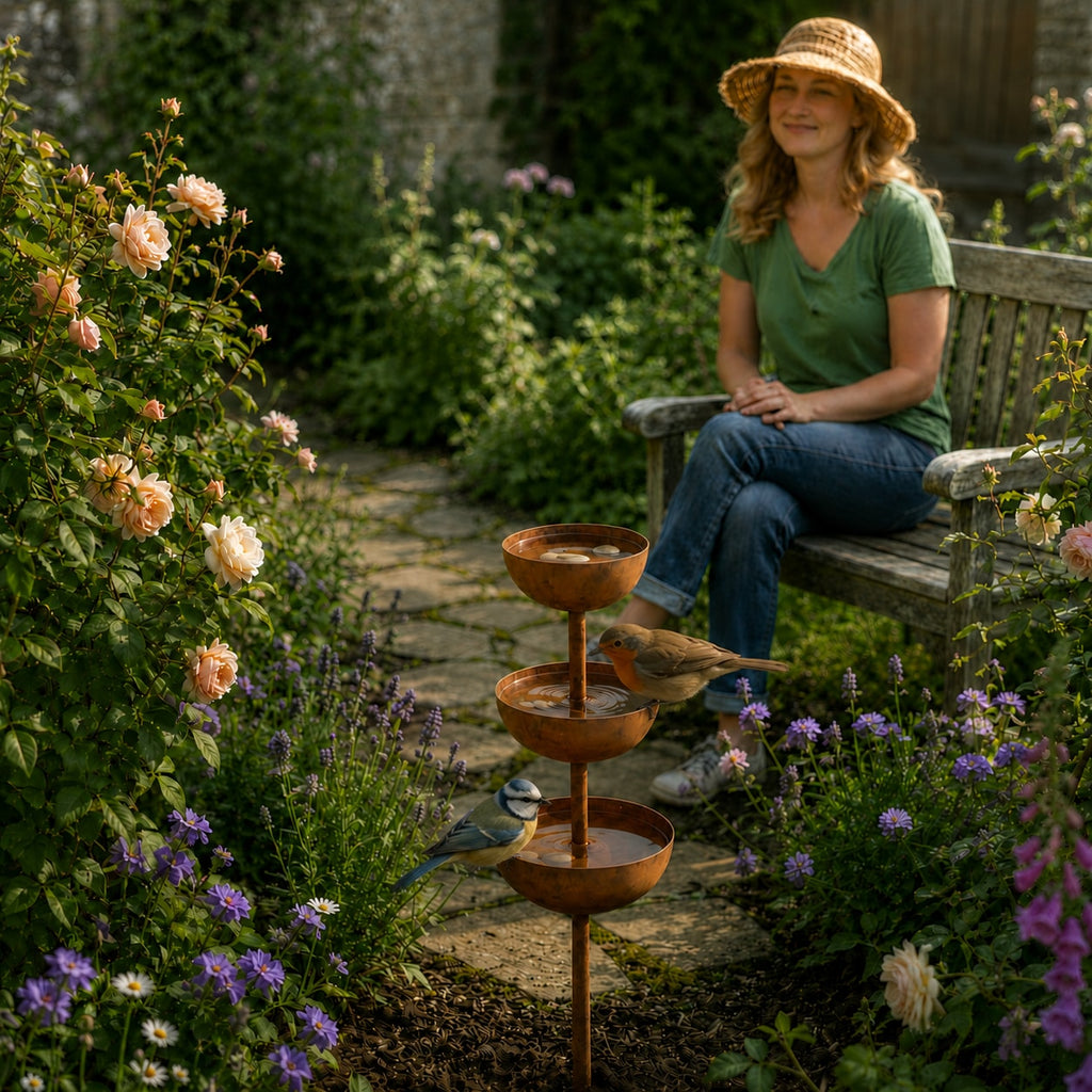 Rustic Copper Finish Tiered Bird Bath Garden Stake for Outdoor Yard