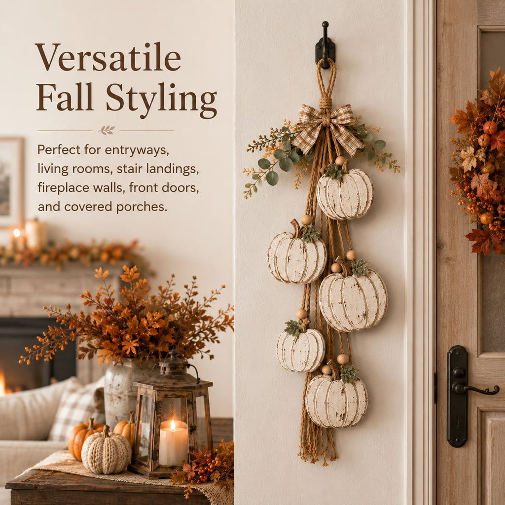 Rustic White Pumpkin Hanging Swag with Plaid Bow for Fall Front Door