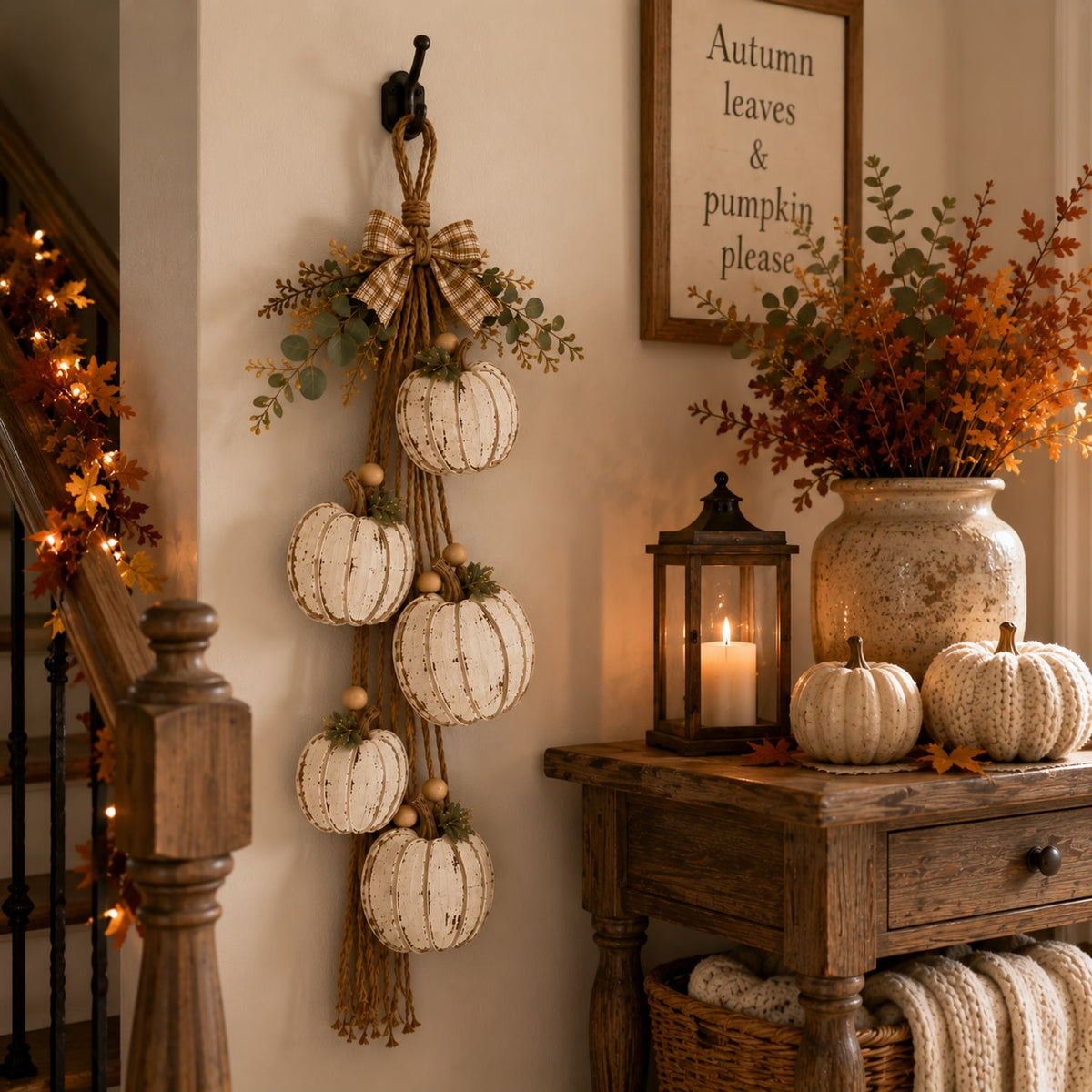 Rustic White Pumpkin Hanging Swag with Plaid Bow for Fall Front Door