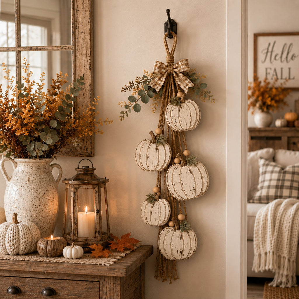 Rustic White Pumpkin Hanging Swag with Plaid Bow for Fall Front Door