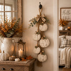 Rustic White Pumpkin Hanging Swag with Plaid Bow for Fall Front Door