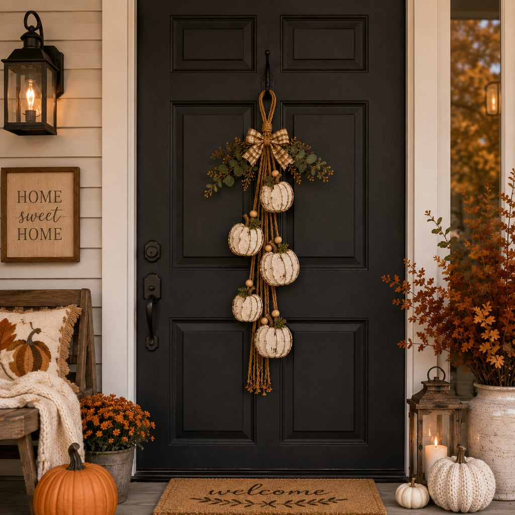 Rustic White Pumpkin Hanging Swag with Plaid Bow for Fall Front Door