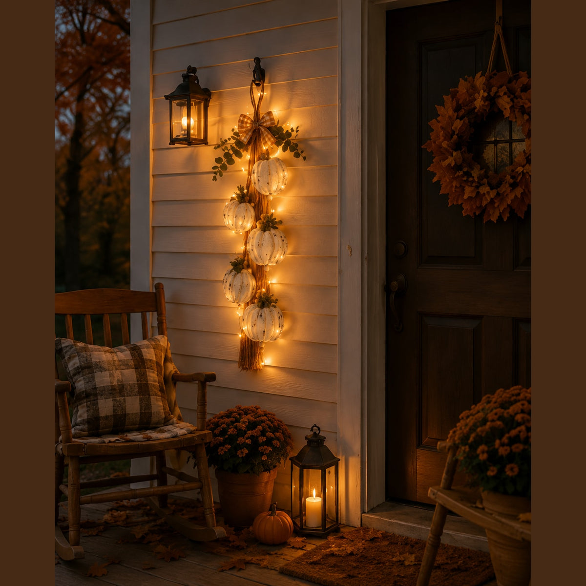 Rustic White Pumpkin Hanging Swag with Plaid Bow for Fall Front Door